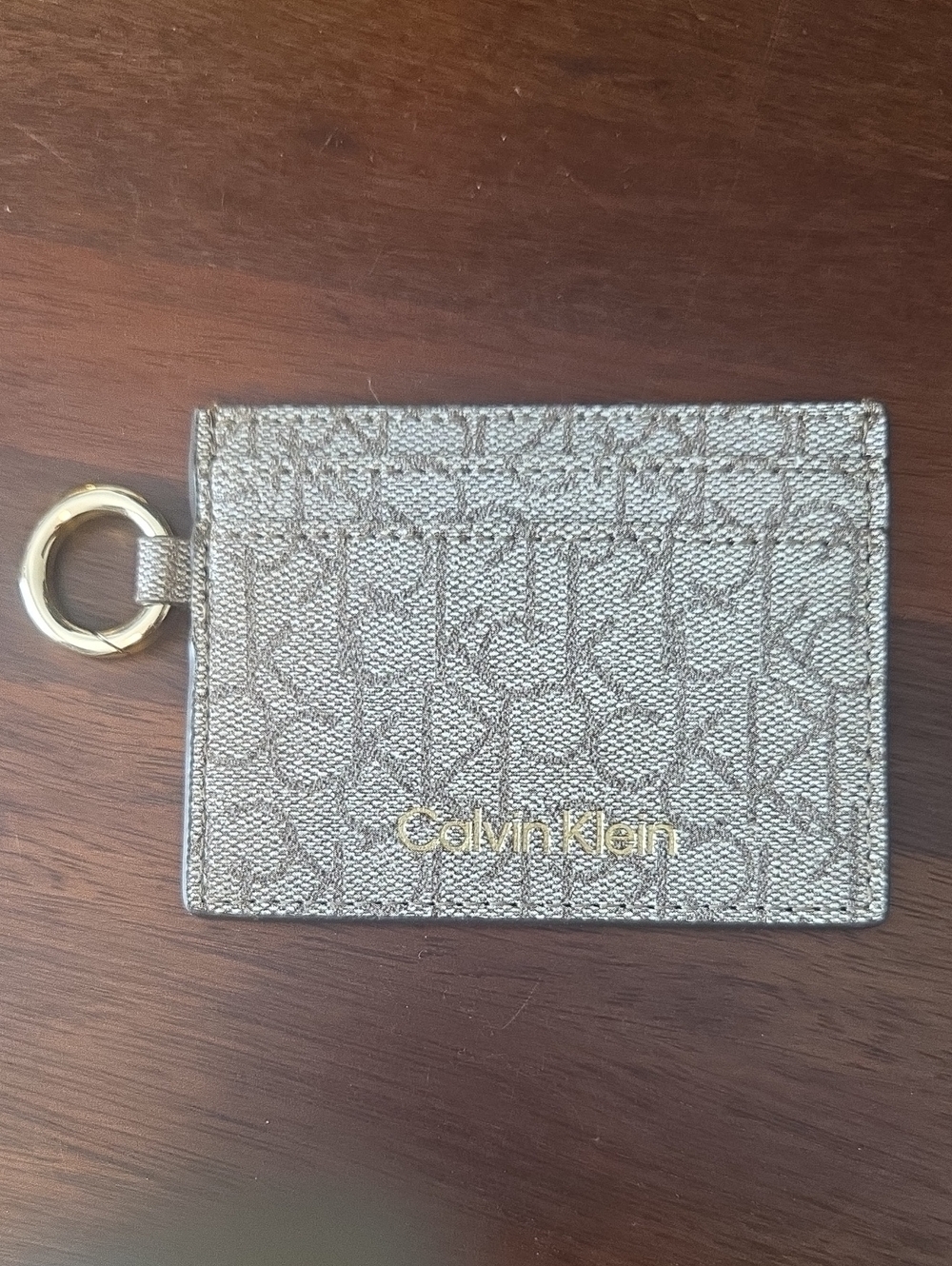 Calvin Klein Taupe Monogram Card Holder with Gold Key Ring